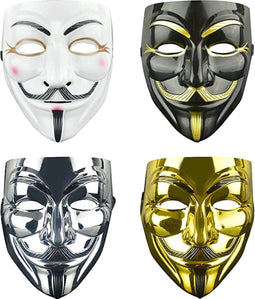 Feest - Gezichtsmasker - Eindexamenfeest - Anonymous masker - 4Pack Wit/Zwart/Grijs/Goud