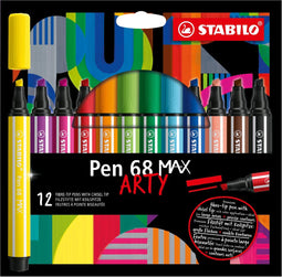 STABILO Pen 68 MAX - ARTY – Premium Viltstift Met Dikke Beitelpunt - Etui Met 12 Stuks – Met 12 Verschillende Kleuren