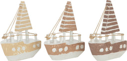 J-Line decoratie Boot - hout - bruin/wit - small - 3 stuks