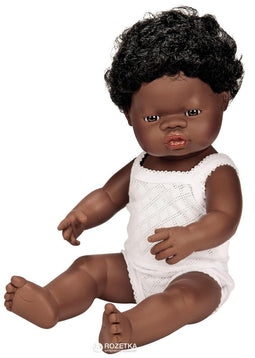 Miniland Babypop Afrikaans Meisje 38cm - ruikt naar vanille- met hemdje en broekje in broderiestofje