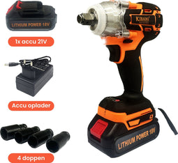 Kibani Accu Slagmoersleutel 18V - incl. accu 1500mAh en oplader - slagmoersleutelset - slagmoersleutel met accu - slagmoersleutel elektrisch - LED verlichting