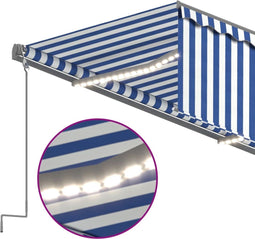 vidaXL - Luifel - handmatig - uittrekbaar - met - rolgordijn - LED - 5x3 - m - blauw - wit