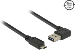 Easy-Micro USB naar Easy-USB-A haaks (links/rechts) kabel - USB2.0 - tot 2A / zwart - 1 meter