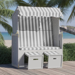 vidaXL - Strandstoel - met - luifel - poly - rattan - en - massief - hout - grijs - en - wit