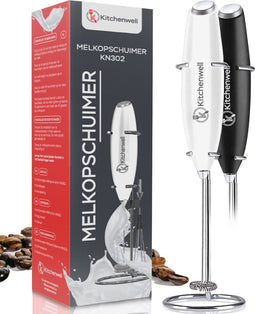 Kitchenwell Melkopschuimer - Handmatig - Inclusief RVS Houder & Garde - Wit