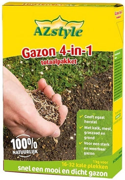 ECOstyle Gazon 4-in-1 Totaalpakket met Kalk, Mest, Graszaad & Grond in een Doos - Geeft Kale Plekken in Gras Egaal Herstel - 5- 10 Kale Plekken - 1 KG
