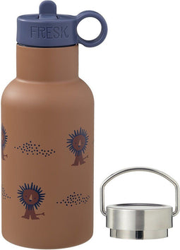 Fresk Thermosfles - 350 ml - RVS Waterfles - Lekvrije Drinkfles voor Kinderen - Koude en Warme Dranken - BPA-vrij - Onbreekbaar - Inclusief 2 Doppen - Thermosbeker - Drinkbeker - Bruin - Lion