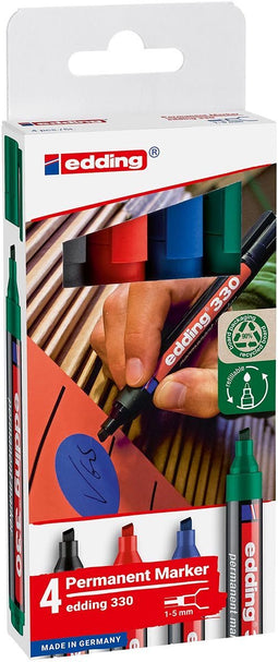 edding 330 permanent marker set met 4 kleuren - zwart, rood, blauw, groen - beitel punt 1-5 mm mm - geschikt voor vele ondergronden - navulbaar