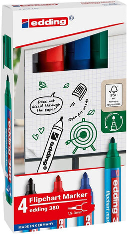 edding 380 flipchart marker set met 4 kleuren - zwart, rood, blauw, groen - ronde punt 1,5-3 mm - geschikt voor alle soorten vellen papier - navulbaar - cap-off technologie - drukt niet door
