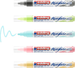 edding 5100 acrylstiften medium - grijs, bleekrood, pastel geel, -blauw, -groen - set met 5 acrylkleuren (pastel) - medium ronde punt 2-3 mm - acrylverf voor schilderen op canvas, hout - acrylstiften, watervast