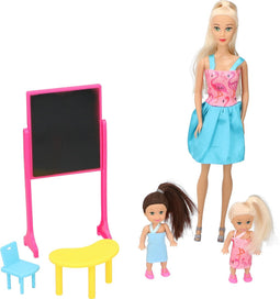 Eddy Toys Set Poppen - Thema School - 1 Grote Pop, 2 kleine Poppen - met Schoolbord, Tafel en Stoeltje - 29 CM