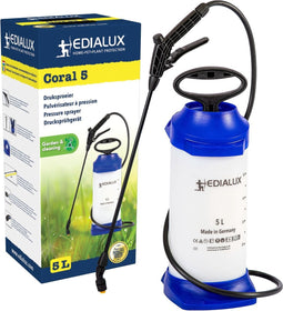 Edialux Coral 5 L druksproeier, drukspuit voor reiniging, ontsmetting en tuinwerkzaamheden, geschikt voor bleekwater, schoonmaakazijn herbiciden, bruine zeep, soda, verwisselbare onderdelen