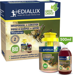 Edialux Herbruikbare wespenval met 500 ml natuurlijke lokvloeistof, 3 weken werkzaam, veilig voor kinderen, eenvoudig te bevestigen aan bomen en hekken, perfect voor buiten, milieuvriendelijk