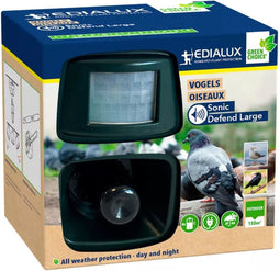 Edialux Sonic Defend Large vogelverjager, vogelafschrikker met vogelgeluiden, duivenverjager, verjaagt kraaien, spreeuwen, meeuwen, afschrikken tot 150m², werkt op batterijen of netstroom, voor tuin, moestuin, fruitbomen