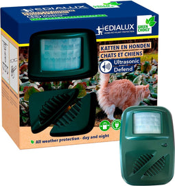 Edialux Ultrasonic Defend Katten en Honden, ultrasoon afweermiddel, ideaal om katten, honden, marters, vossen, enz. te verjagen met ultrasone geluidsgolven, eenvoudige installatie, max. 200 m²