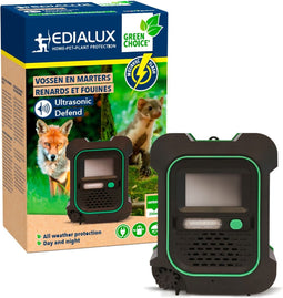 Edialux Ultrasonic Defend Vossen & Marters Flash, ultrasone vossen- en marterverjager met flits, bescherm je tuin veilig en effectief, werkt op batterijen of met adapter, max. 200 m²