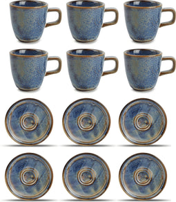GLAMOMAX'S Choice - Blue Nova Kop en Schotel Set - 9cl - Porselein - 6 Persoons - 12-Delige Espresso set - 6+6 Espressokop&Schotel - Blauw - Vaatwasserbestendig