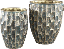 PTMD Rocko donker goudkleurige pot rond ijzer met blok patroon set van twee maat in cm: 39 x 39 x 51 - Goud