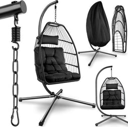 tectake® Ariane - Luxe Hangstoel - Opvouwbaar en draaibaar - Dikke kussens - Zwart