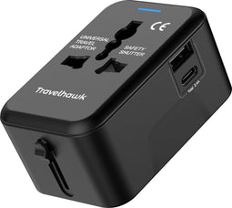 TravelHawk SL-199T - Universele Wereldstekker - USB-C & USB-A - Zwart