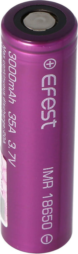 Efest Purple IMR 18650 3000mAh 3.6V - 3.7V min. 2900 mAh typ. 3000 mAh maximale stroomtoevoer van 35 A (platte bovenkant)