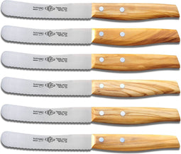 Eikaso Solingen Ontbijt- en Broodmes Set - Gekarteld 11 cm Lemmet - Olijfhouten Handvat - 6 Stuks