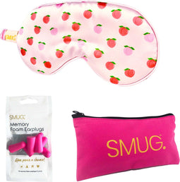 SMUG Slaapmasker met Roze Oordopjes en Opbergzakje - 100% Verduisterend - Verstelbaar Oogmasker in Satijn - Peachy Print