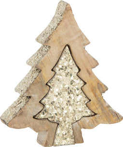 J-Line decoratie Puzzel Kerstboom - hout - glitter/goud - small