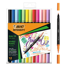 BIC Intensity Dual Tip Classic en Pastel Kleurstiften met flexibele penseelpunt - Assorti Kleuren - Doos van 12 - Fijne punt 0,7 mm