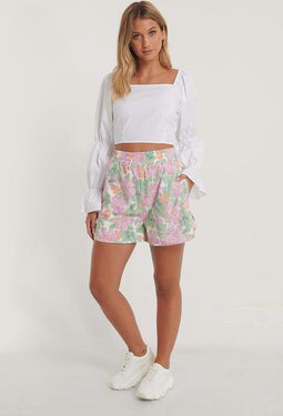 NA-KD Smocked Waist Sporty Broek - Losse pasvorm - Purple Flower - Maat EU 34