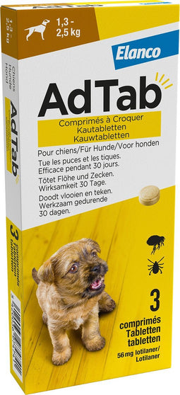 Elanco - Adtab Anti Vlooien en Teek Kauwtabletten - Hond - Bescherming - > 1,3 – 2,5 kg - 3 Tabletten - 1 Keer Per Maand