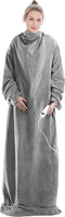 Elektrische deken met mouwen - Fleece plaid - Knuffeldeken groot - Wasbare elektrische deken met 9 standen en timer - 195x125cm - Grijs