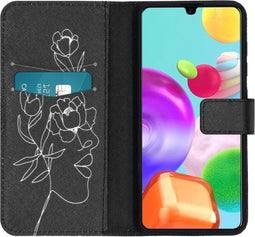 iMoshion Hoesje Geschikt voor Samsung Galaxy A41 Hoesje Met Pasjeshouder - iMoshion Design Softcase Bookcase - Wit / Zwart / Woman Flower Black