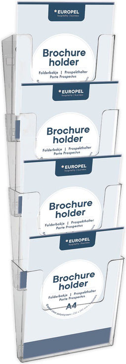 Europel Folderbakjes meervoudig – Flyers, Folders & Visitekaartjes – 4x A4 staand – 21 x 29,7 cm – Glasheldere presentatie – Beurzen en kantoren – 4 Losse delen wandmontage en zelf in te delen