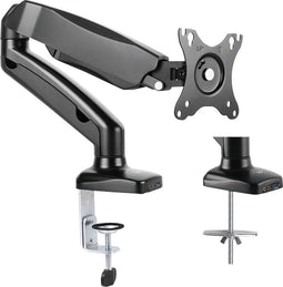Enkel Monitor arm met gasveer | Monitor beugel voor 1 schermen 13-27 inch | VESA 75x75 - 100x100 | Draai- kantel- en zwenkbaar | Incl. USB en audio poorten | Ewent EW1515 | Zwart