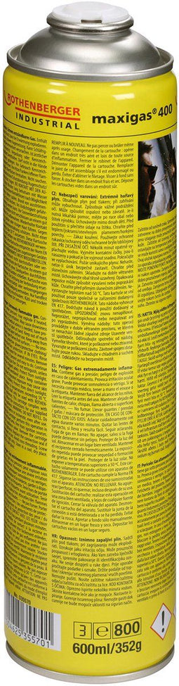 Rothenberger Maxigas 400 - Gascartridge 600 ml - Las- snij- en soldeergas - Zilver Geel
