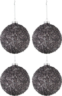 J-Line kerstbal Glitter - glas - antraciet grijs - medium - doos van 4