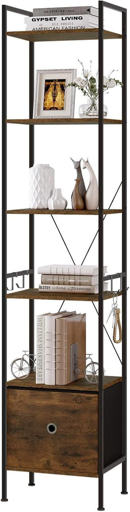 Woltu Boekenkast - 5 Planken 1 Lade - Metaal/Rustiek Bruin en Zwart - 40 x 30 x 187 cm