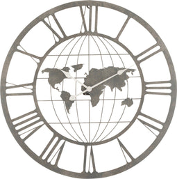 J-Line klok Romeinse Cijfers Wereldkaart - metaal - zwart - Ø 80 cm