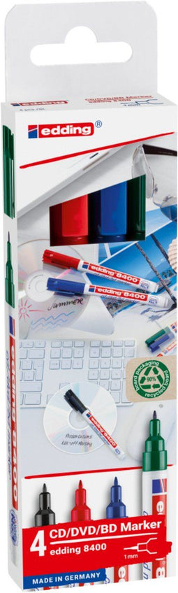 edding 8400 - CD/DVD/BD marker set - 4 kleuren permanente inkt - zwart rood blauw groen (4 stuks)