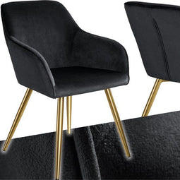 tectake® Eetkamerstoel Marilyn - Ergonomische Fluweelstoel - Gouden Poten - Zwart