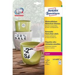 Avery - afneembare weerbestendige etiketten diameter 30 mm,wit, doos van 960 etiketten