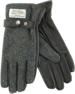 Heren Handschoenen Grijs gemêleerd met Zwart Leer zonder verpakking - Harris Tweed - Glen Appin of Scotland