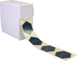 Etiket - papier - Happy Holidays Hexagon - 46x40mm - blauw/koper - rol à 500 stuks