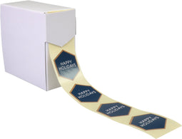 Etiket - papier - Happy Holidays Hexagon - 46x40mm - blauw/wit - rol à 500 stuks