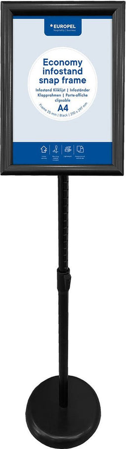 Europel Economy infostand kliklijst – Zwart – A4 (21 x 29,7 cm) – Frame 25mm – Verstelbare hoogte – Draaibare kliklijst – Ideaal voor Beurzen