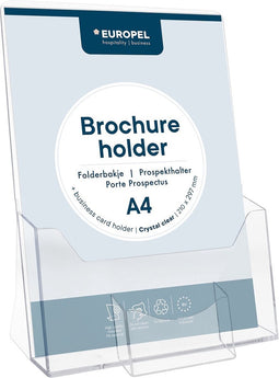 Europel Folderbakje – Flyers – A4 – 21 x 29,7 cm – Glasheldere presentatie – Beurzen en kantoren – Incl. visitekaartbakje