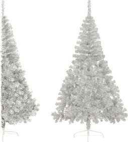 vidaXL - Kunstkerstboom - half - met - standaard - 180 - cm - PET - zilverkleurig