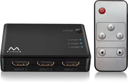 Ewent EW3730 4K HDMI Switch 3-poorts, toont 3 HDMI bronnen op een monitor