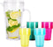 Excellent Houseware Waterkan/sapkan met 4 kunststof drinkbekers- 2.2 liter - kunststof - Kleurenmix - schenkkan - limonadebekers
